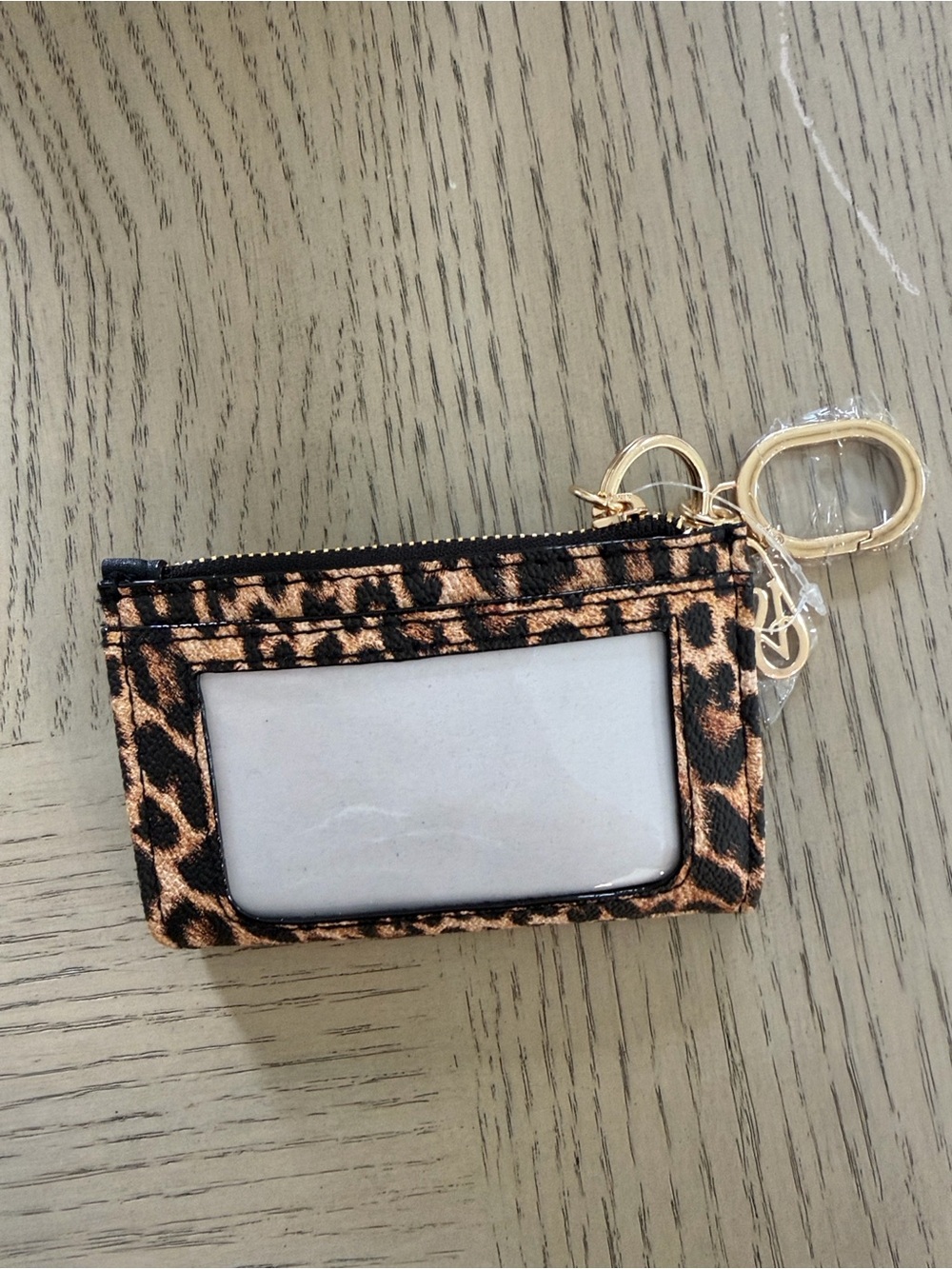Leopard Print Card Holder Keychain - Tan/Black